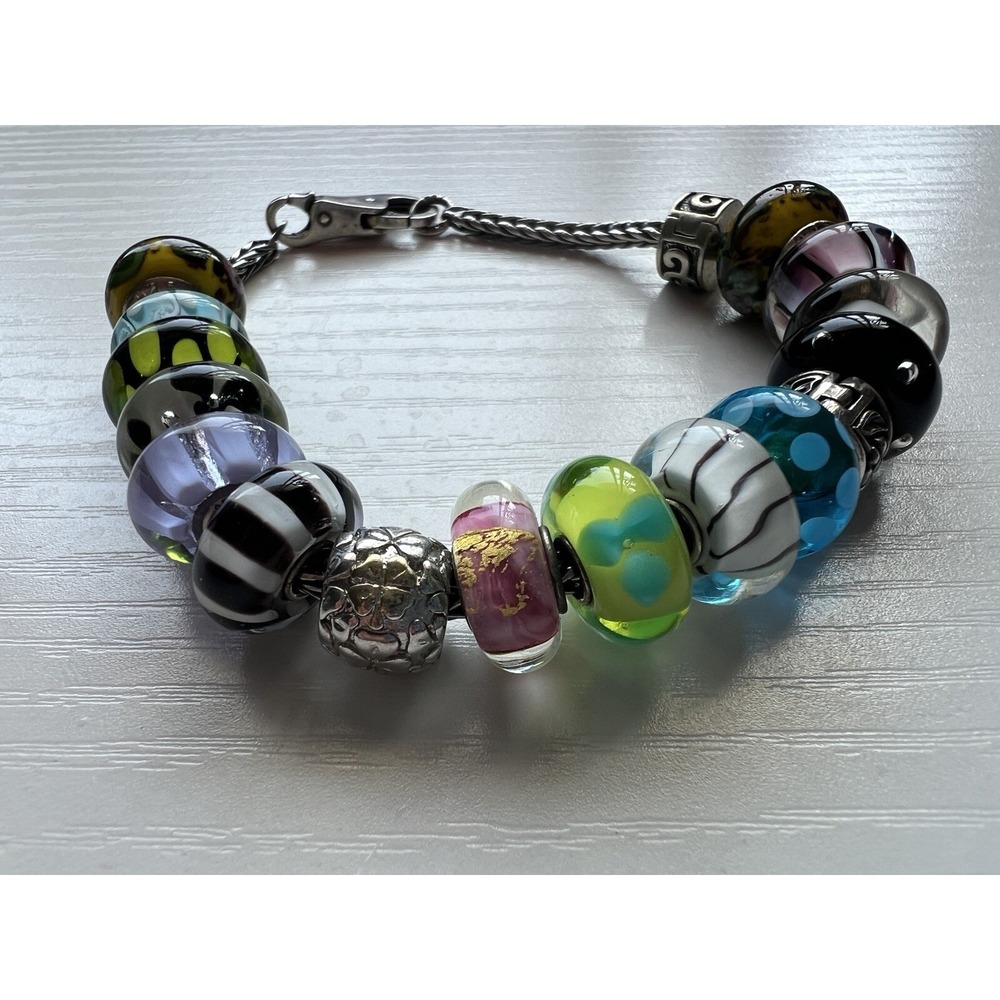 Authentic Trollbead CHARM Bracelet 14 Glass & 3 Silver .925 Sterling WITH CHAIN